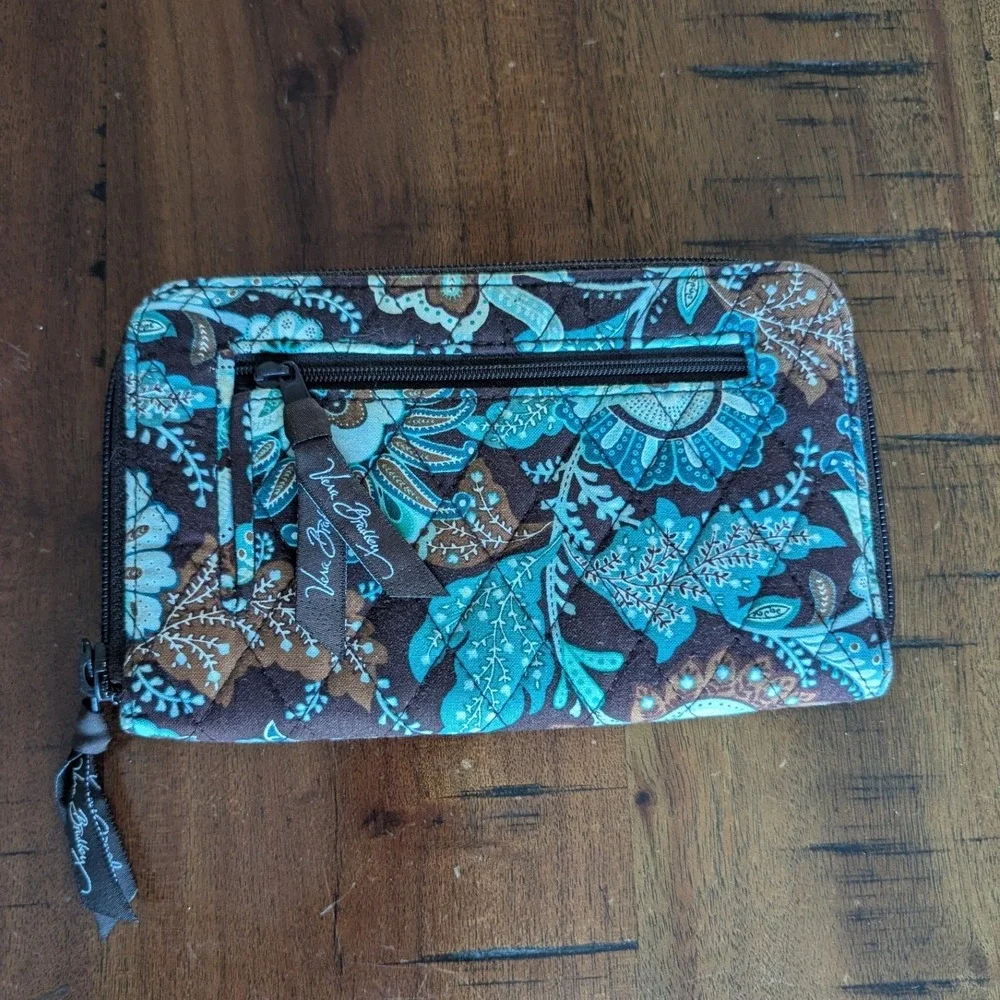 Vera Bradley Zip Around Wallet Teal Brown Paisley Floral Cotton Quilted Slim